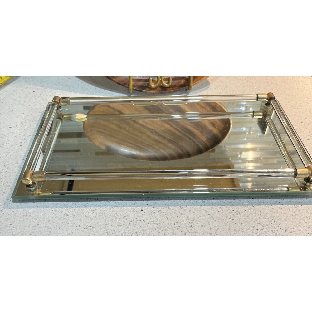 Vintage Vanity Mirror Tray Toledo Plate w/ Lucite Handles.  Art Deco/MCM